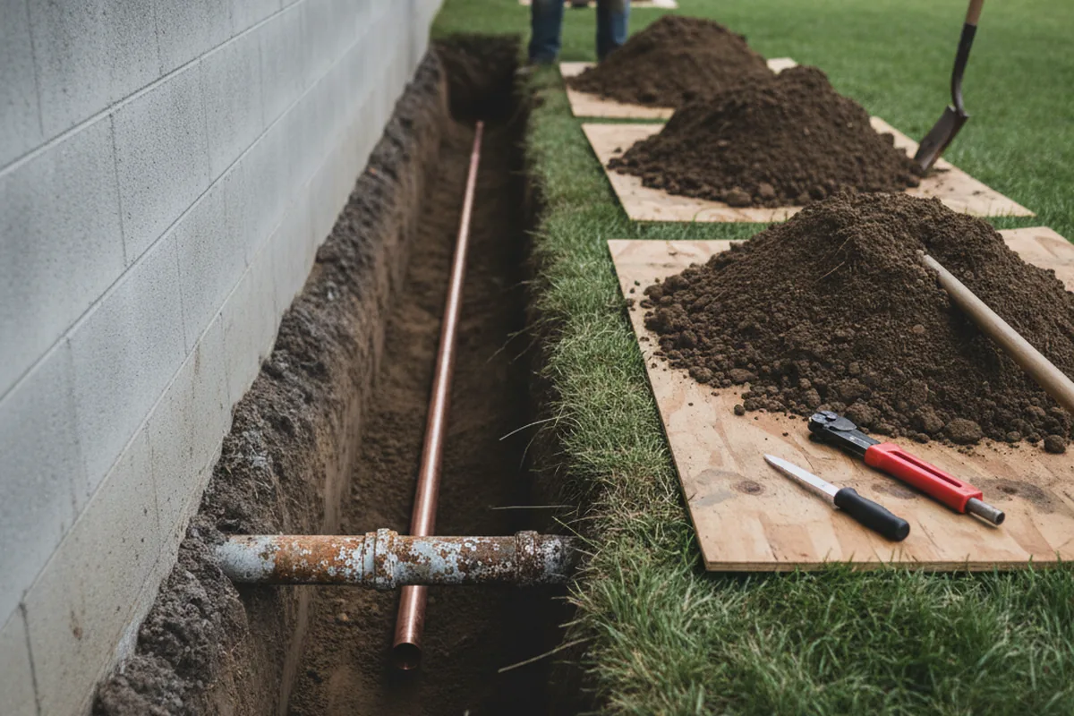 Excavated water line trench during Sewer Line Repair in Clovis